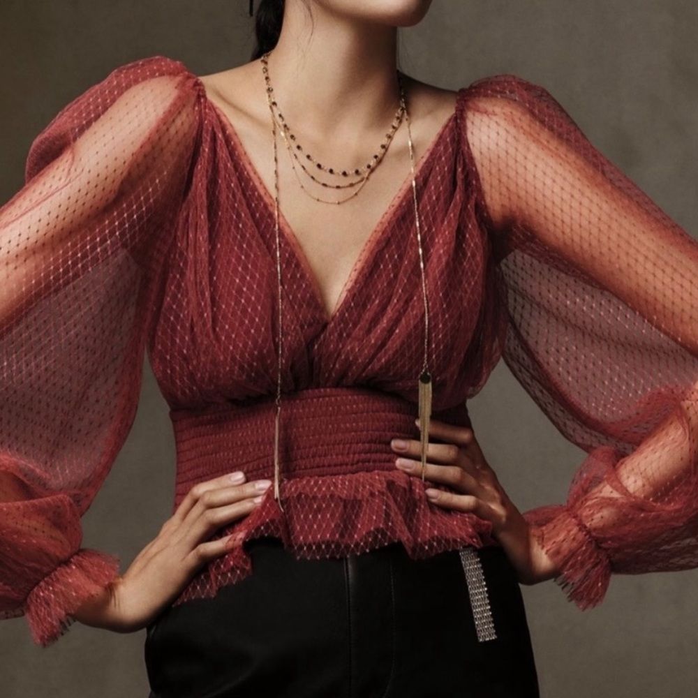 Anthropologie Sheer Rust-Red Dot Mesh Peplum Blouse